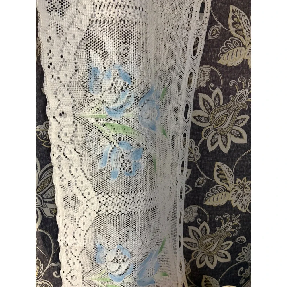 Iris Vintage Hand Painted Lace Window Valance White Blue Flowers 70x12 New